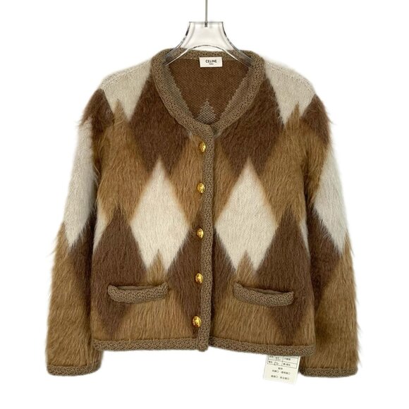 Celine Jackets & Blazers - Celine Brown Diamond-Checked Mohair Cardigan Jacket With Gold Buttons XS